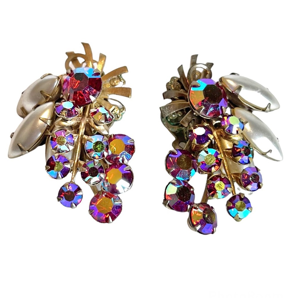 Retro Rhinestone Dazzlers Vintage Rhinestone Earrings Ear Clips Pink Iridescent